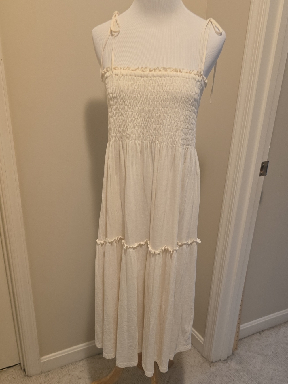American Eagle Outfitters Cream Smocked Tie-Strap Maxi Dress